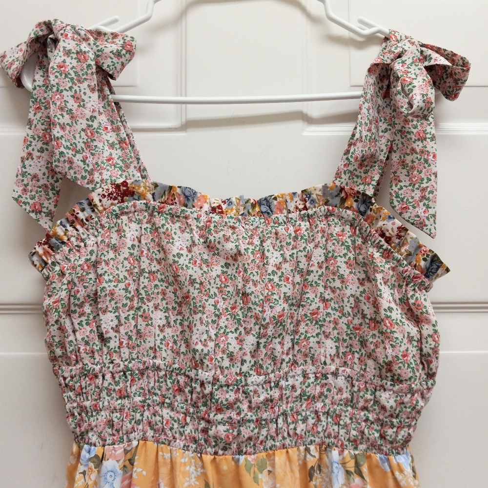 ​Adelyn Rae Patchwork Midi Dress Tiered Cottagecore Floral Smocked Boho Small - Picture 4 of 15